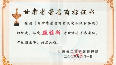  2008年9月“巍雅斯”第35類(lèi)商標被評為甘肅省著(zhù)名商標